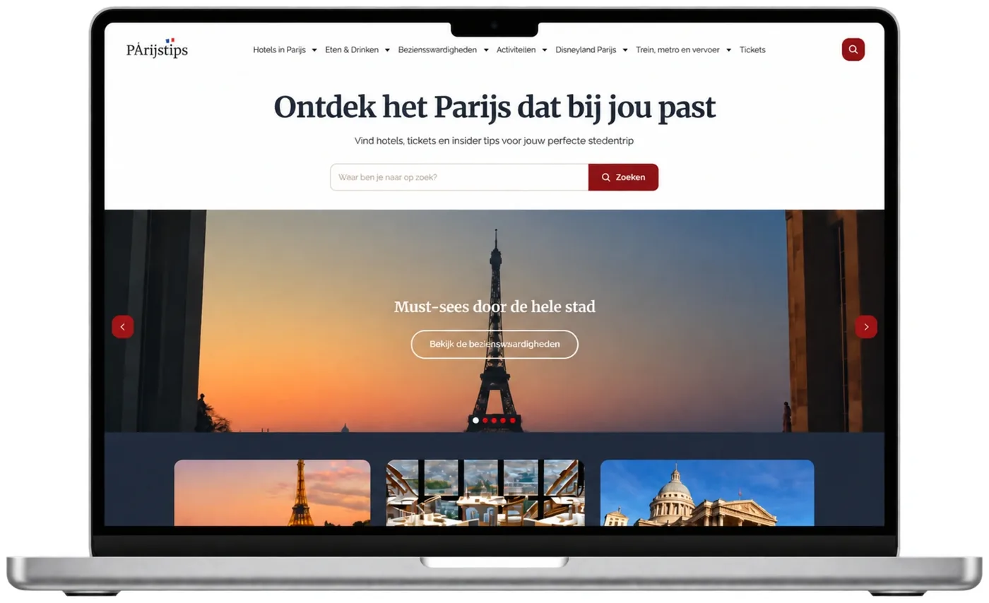 De website parijstips.nl op een laptop